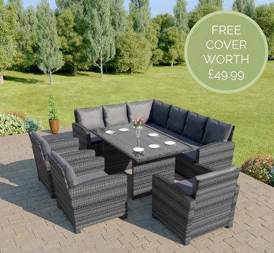 Abreo 9 Seater Rattan Corner Garden Sofa Dining Tale Set with Armchairs in Mixed Grey with Dark Cushions INCLUDES OUTDOOR COVER DIY at B Q