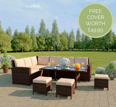 Abreo 9 Seater Rattan Corner Garden Sofa & Dining Tale Set with Stools