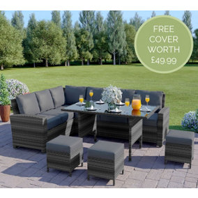 Abreo 9 Seater Rattan Corner Garden Sofa & Dining Tale Set with Stools in Mixed Grey with Dark Cushions INCLUDES OUTDOOR COVER