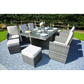Abrihome 10 Seater Rattan Garden Furniture 11PC Dining Set Wicker Weave Table Chairs Outdoor Conservatory, Grey