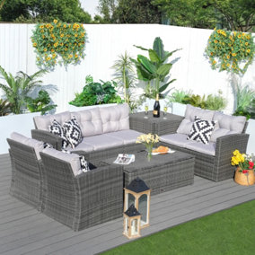 Abrihome 7-Seat Outdoor Rattan Furniture Garden Sofa Set with Two Storage Boxes, Gray