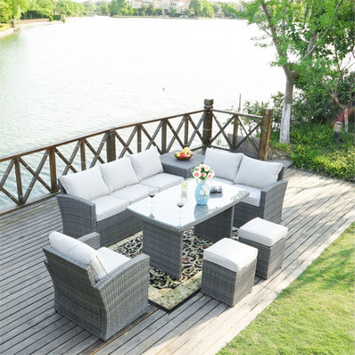 Abrihome Rattan Garden Furniture Set Outdoor Sofa Set with Ottomans and Storage Box, Gray