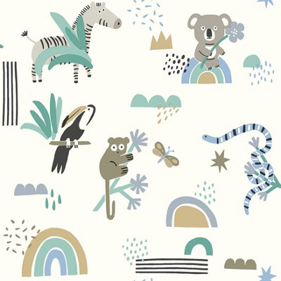 Abstract Animals Blue/Teal Children's Wallpaper