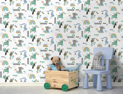 Abstract Animals Blue/Teal Children's Wallpaper
