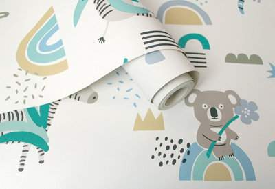 Abstract Animals Blue/Teal Children's Wallpaper