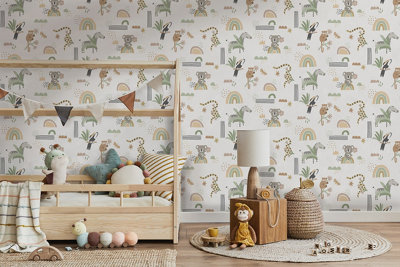 Abstract Animals Sage/Beige Children's Wallpaper