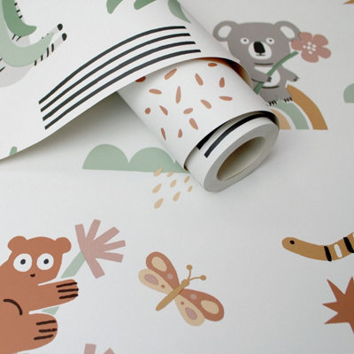 Abstract Animals Sage/Beige Children's Wallpaper