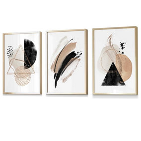 Abstract Beige Black and Gold Set of 3 Wall Art Prints / 42x59cm (A2) / Gold Frame