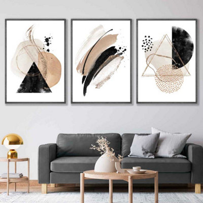 Abstract Beige Black and Gold Set of 3 Wall Art Prints / 42x59cm (A2) / White Frame