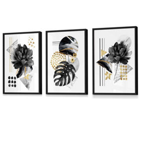 Abstract Black and Gold Botanical Wall Art Prints / 42x59cm (A2) / Black Frame