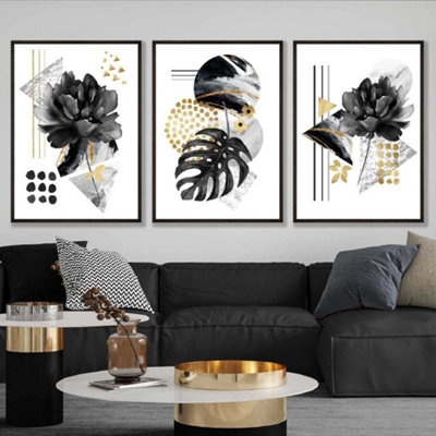 Abstract Black and Gold Botanical Wall Art Prints / 42x59cm (A2) / Black Frame