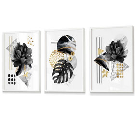 Abstract Black and Gold Botanical Wall Art Prints / 42x59cm (A2) / White Frame
