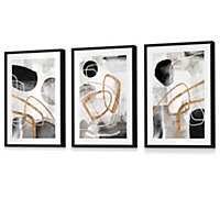 Abstract Black Grey & Gold Shapes Set of 3 Prints Wall Art / 42x59cm (A2) / Black Frame