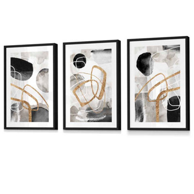 Abstract Black Grey & Gold Shapes Set of 3 Prints Wall Art / 42x59cm (A2) / Black Frame