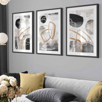 Abstract Black Grey & Gold Shapes Set of 3 Prints Wall Art / 42x59cm (A2) / Black Frame
