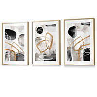 Abstract Black Grey & Gold Shapes Set of 3 Prints Wall Art / 42x59cm (A2) / Gold Frame