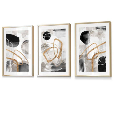 Abstract Black Grey & Gold Shapes Set of 3 Prints Wall Art / 42x59cm ...