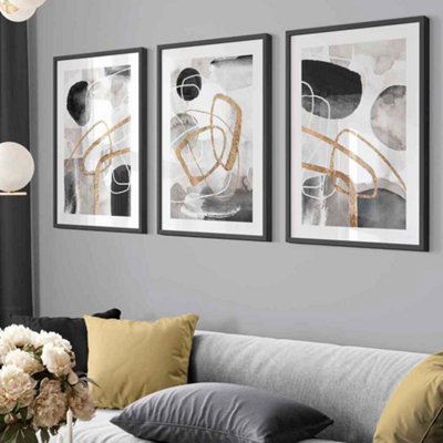 Abstract Black Grey & Gold Shapes Set of 3 Prints Wall Art / 42x59cm ...