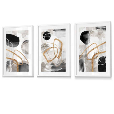 Abstract Black Grey & Gold Shapes Set of 3 Prints Wall Art / 42x59cm ...