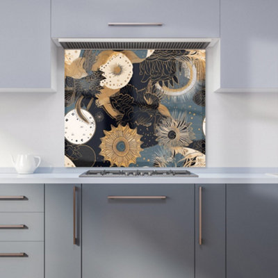 Abstract Blue Gold Moon Sun Premium Glass Kitchen Splashback W700mm x H650mm