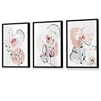 Abstract Blush Pink and Grey Floral Wall Art Prints / 42x59cm (A2) / Black Frame