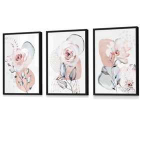 Abstract Blush Pink and Grey Floral Wall Art Prints / 42x59cm (A2) / Black Frame