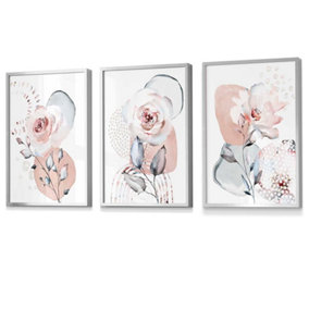 Abstract Blush Pink and Grey Floral Wall Art Prints / 42x59cm (A2) / Silver Frame
