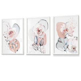 Abstract Blush Pink and Grey Floral Wall Art Prints / 42x59cm (A2) / White Frame