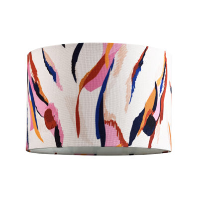 Abstract Feather Linen Fabric Drum Lamp Shade with Vivid Multi-Coloured Strokes