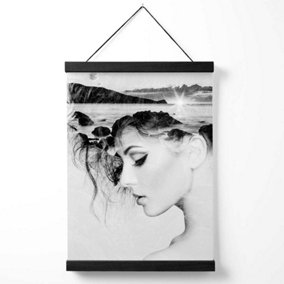 Abstract Girl and Beach Fashion Black and White Photo Medium Poster with Black Hanger