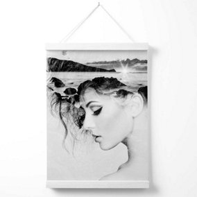 Abstract Girl and Beach Fashion Black and White Photo Poster with Hanger / 33cm / White