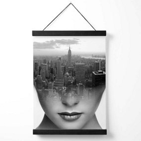 Abstract Girl and City Scape Fashion Black and White Photo Medium Poster with Black Hanger