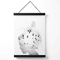 Abstract Girl and Seabirds Fashion Black and White Photo Medium Poster with Black Hanger