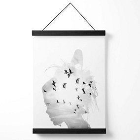 Abstract Girl and Seabirds Fashion Black and White Photo Medium Poster with Black Hanger