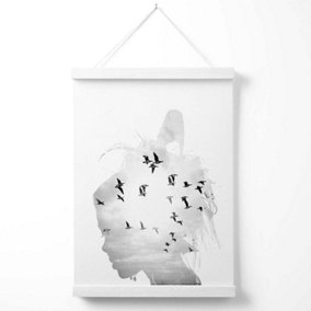 Abstract Girl and Seabirds Fashion Black and White Photo Poster with Hanger / 33cm / White