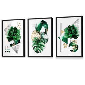 Abstract Green and Gold Floral Wall Art Prints / 42x59cm (A2) / Black Frame