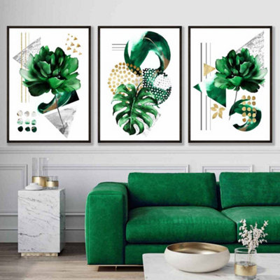 Abstract Green and Gold Floral Wall Art Prints / 42x59cm (A2) / Black Frame