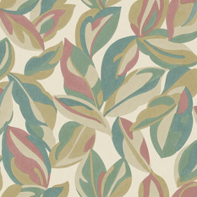 Abstract Leaf Wallpaper Multi Pink Cream Beige Green Natural Leaves Botanical
