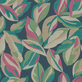 Abstract Leaf Wallpaper Navy Teal Beige Pink Green Natural Leaves Botanical