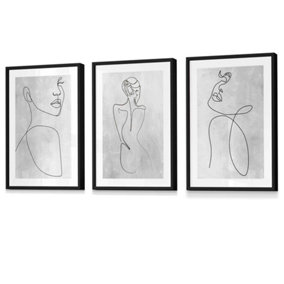 Abstract Line Art Female Grey, White, Black Wall Art Set of 3 Prints / 42x59cm (A2) / Black Frame