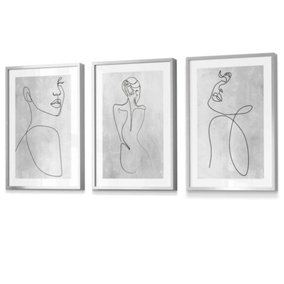 Abstract Line Art Female Grey, White, Black Wall Art Set of 3 Prints / 42x59cm (A2) / Silver Frame
