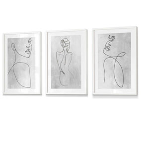 Abstract Line Art Female Grey, White, Black Wall Art Set of 3 Prints / 42x59cm (A2) / White Frame