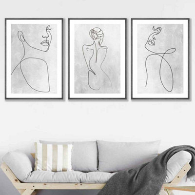 Abstract Line Art Female Grey, White, Black Wall Art Set of 3 Prints / 42x59cm (A2) / White Frame
