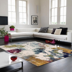 Abstract Multi Mustard Modern Easy to Clean Abstract Rug For Dining Room -200cm X 290cm