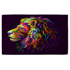 Abstract, multicolored profile portrait of a lion's head on a purple background in popart style (Bath Towel) / Default Title