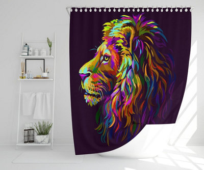Abstract, multicolored profile portrait of a lion's head on a purple background in popart style (Shower Curtain) / Default Title Price Comparisons | Compare The Build