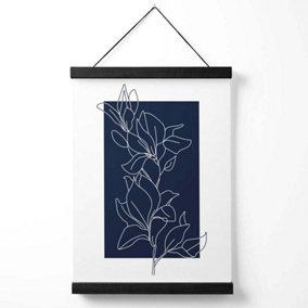 Abstract Navy Blue and White  Floral Line Art Medium Poster with Black Hanger