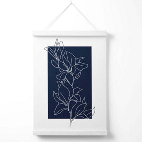 Abstract Navy Blue and White  Floral Line Art Poster with Hanger / 33cm / White