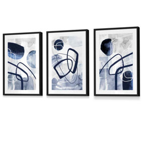 Abstract Navy Blue Shapes Set of 3 Prints Wall Art / 42x59cm (A2) / Black Frame