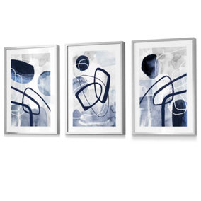 Abstract Navy Blue Shapes Set of 3 Prints Wall Art / 42x59cm (A2) / Silver Frame